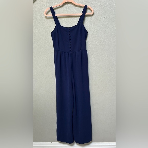 Smocked Button-Front Crop Jumpsuit, nightfall navy blue, women’s size 0 - Picture 3 of 12